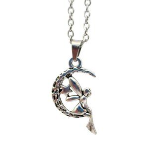 New Fairy Pendant Necklace With Crescent Moon 18" Stainless Chain Fantasy Faery